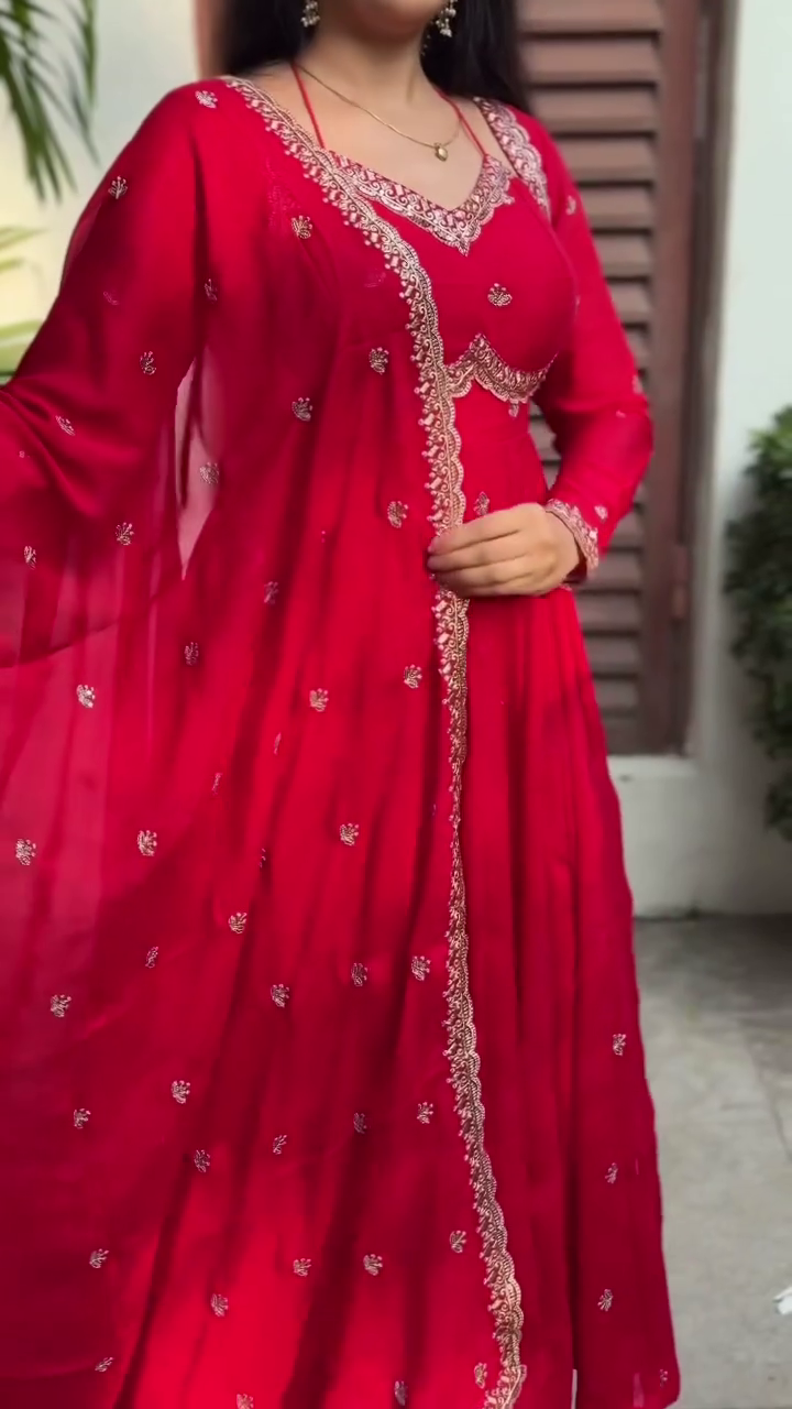 Crimson Red Embroidered Anarkali Gown with Dupatta