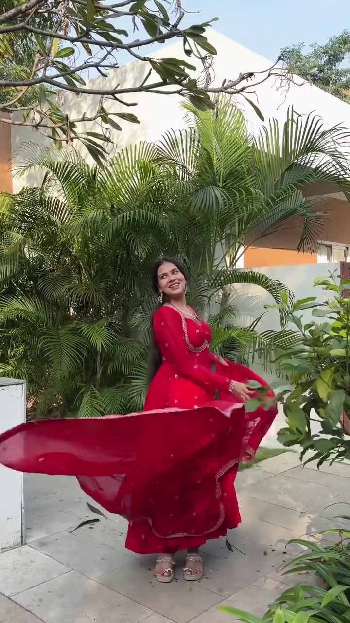 Crimson Red Embroidered Anarkali Gown with Dupatta