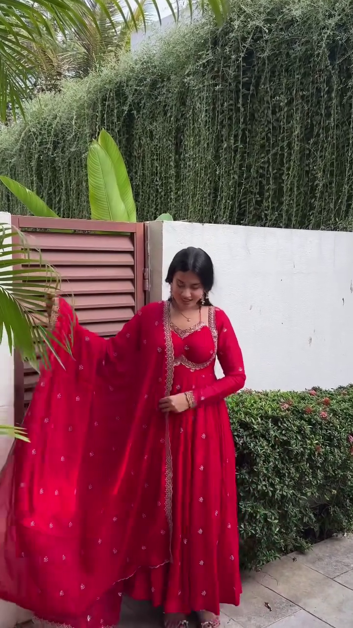 Crimson Red Embroidered Anarkali Gown with Dupatta