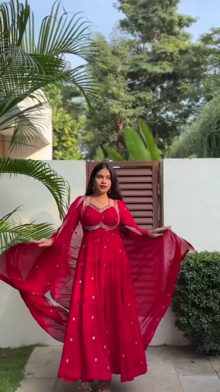 Crimson Red Embroidered Anarkali Gown with Dupatta
