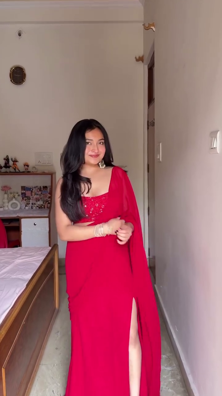 Red Sequin Designer Saree with Blouse