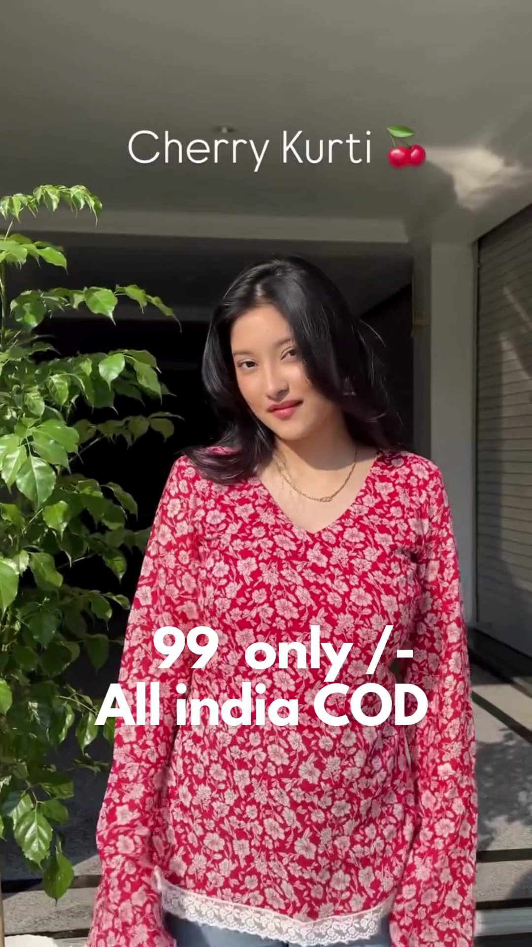 Cherry Red Floral Blossom Printed Kurti Top