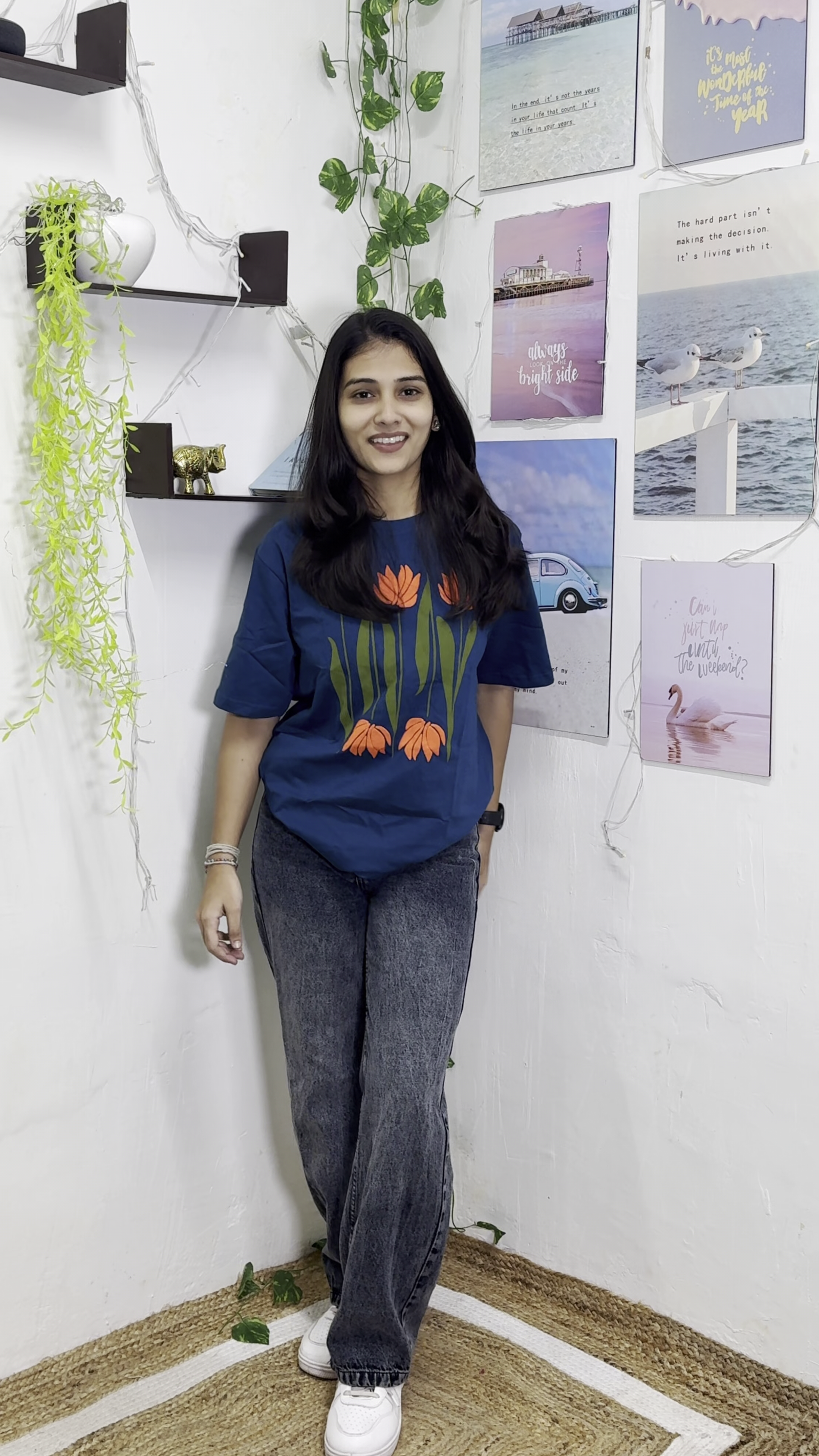 Women's Navy Blue Floral Graphic Oversized Cotton T-Shirt