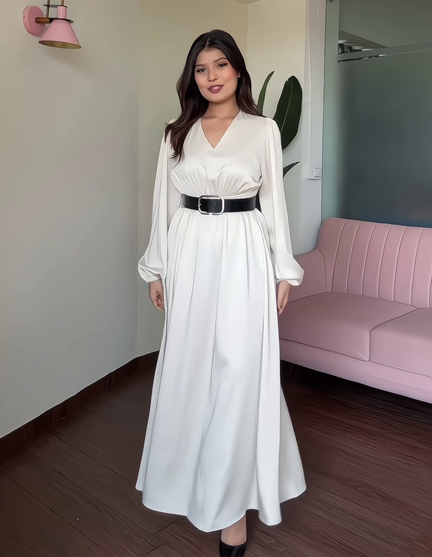 Graceful White Maxi Dress with Waist Belt