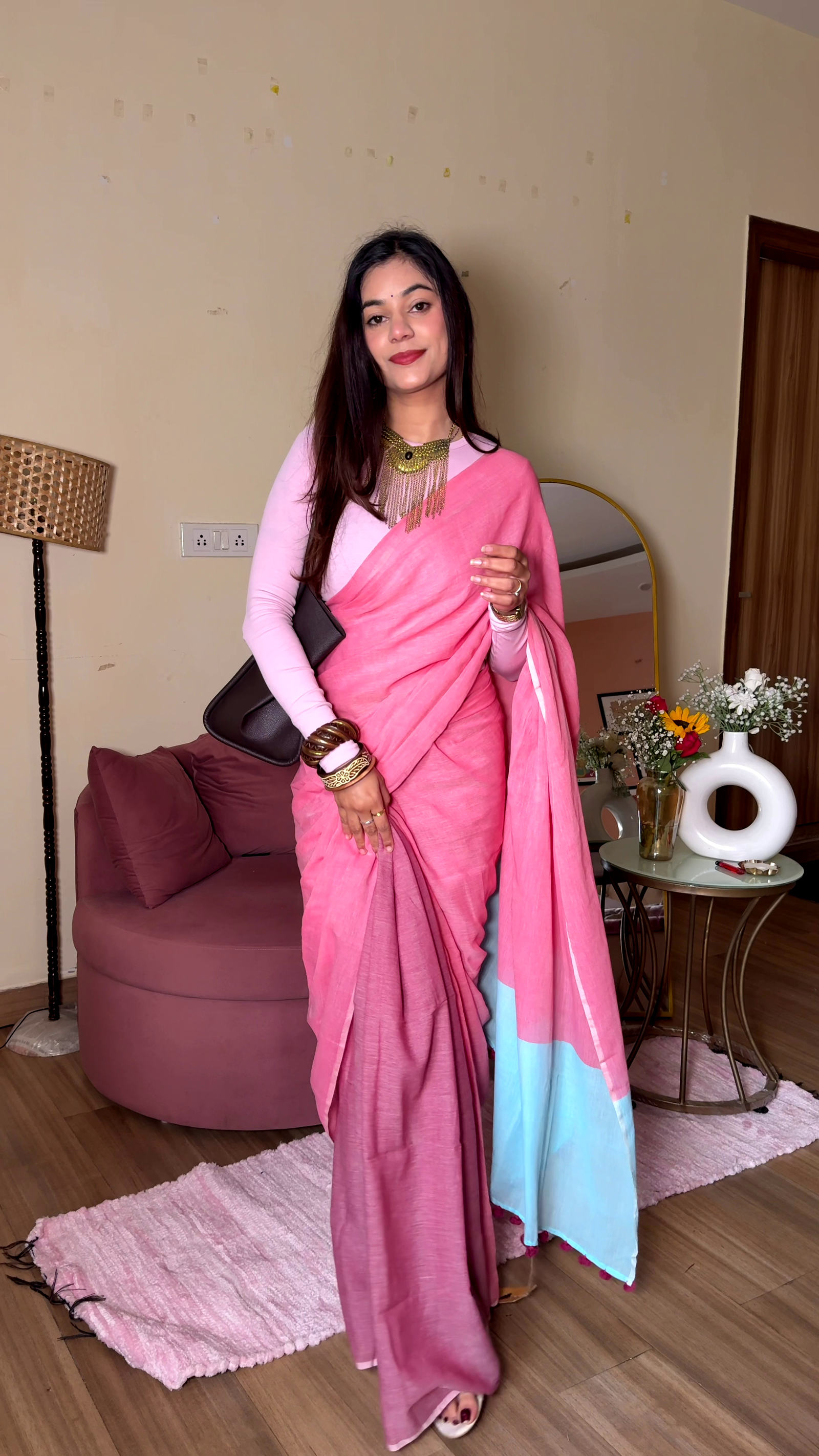 Peach Cotton Blend Traditional Saree