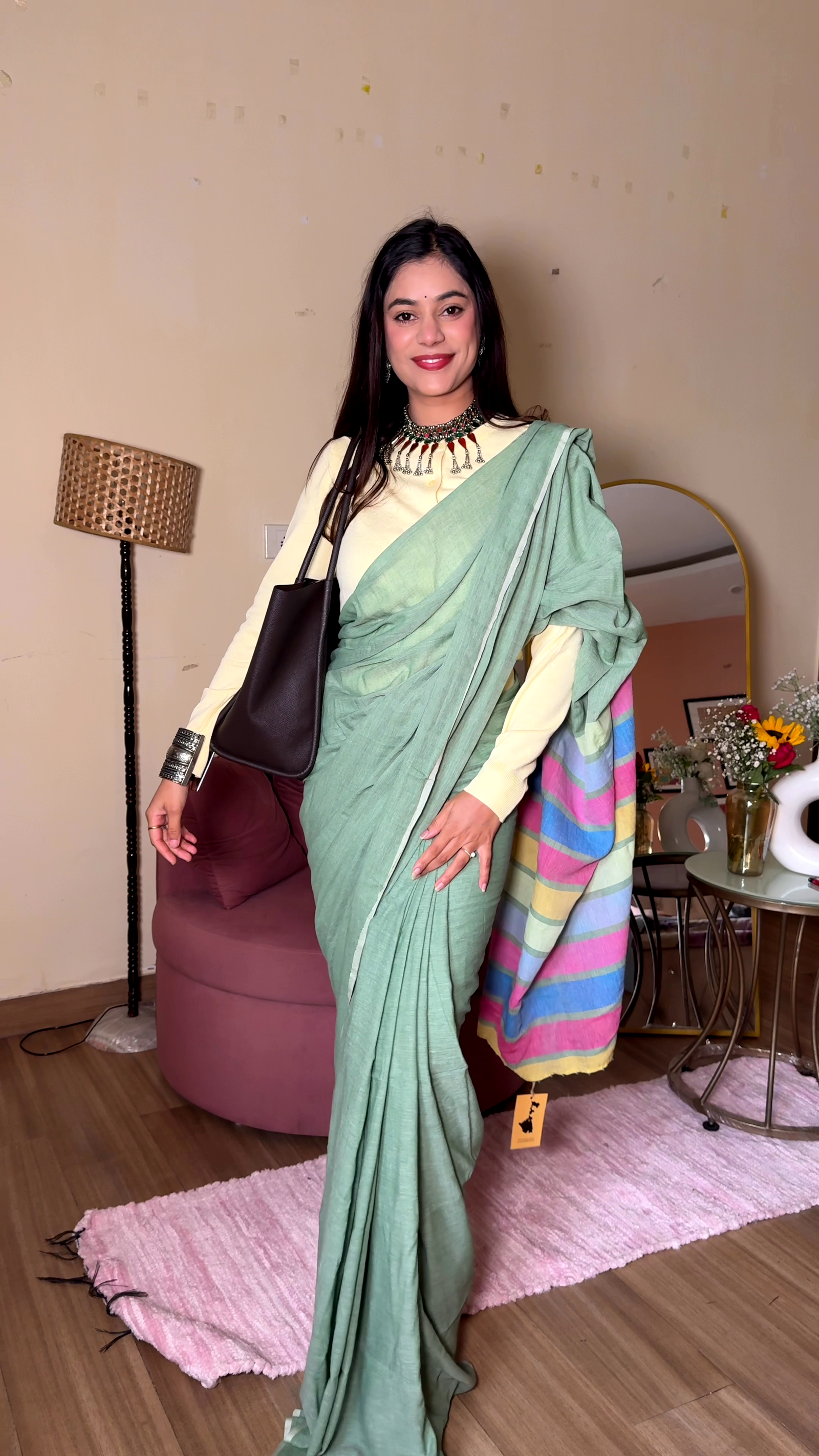 Peach Cotton Blend Traditional Saree