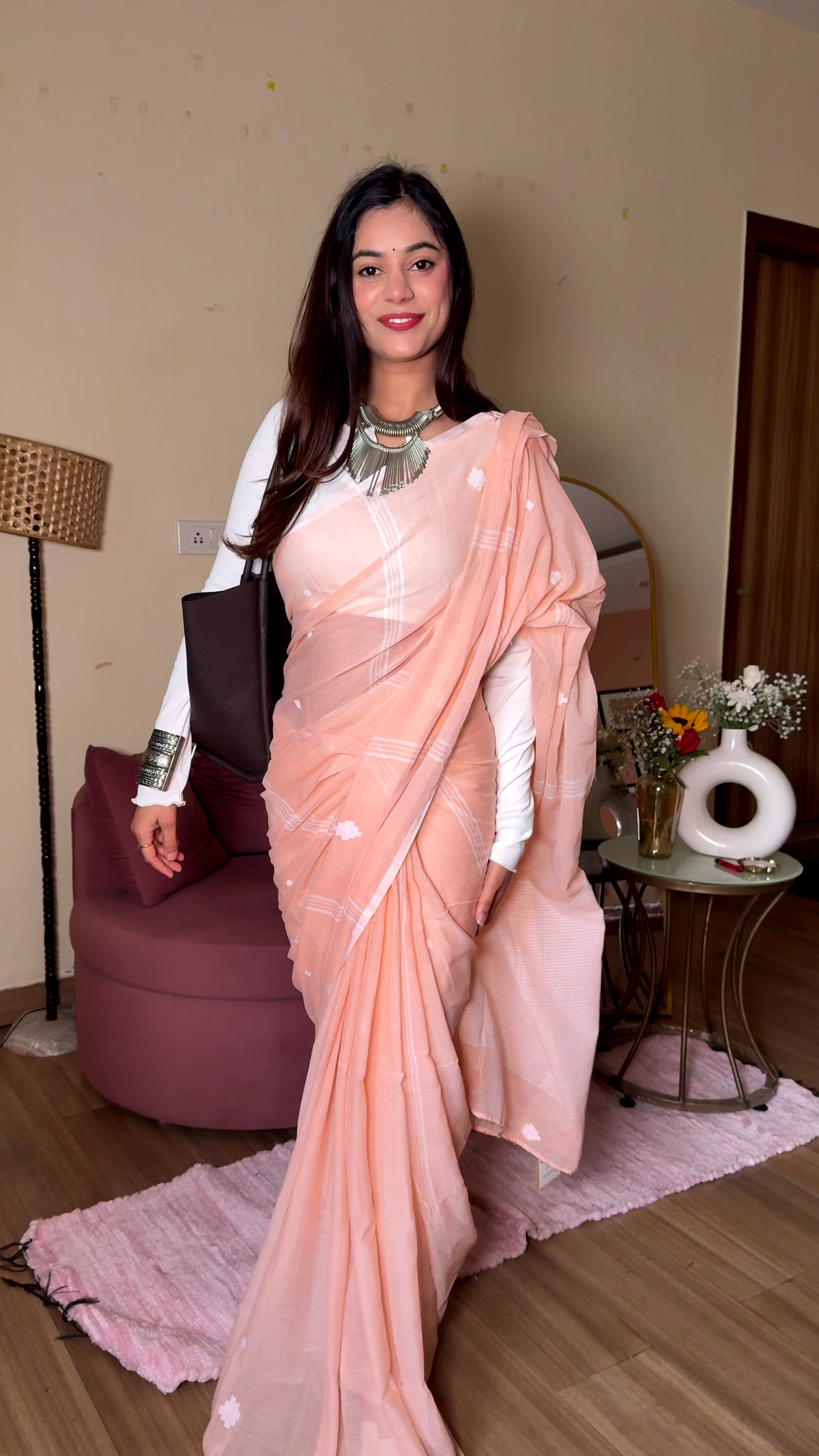Peach Cotton Blend Traditional Saree