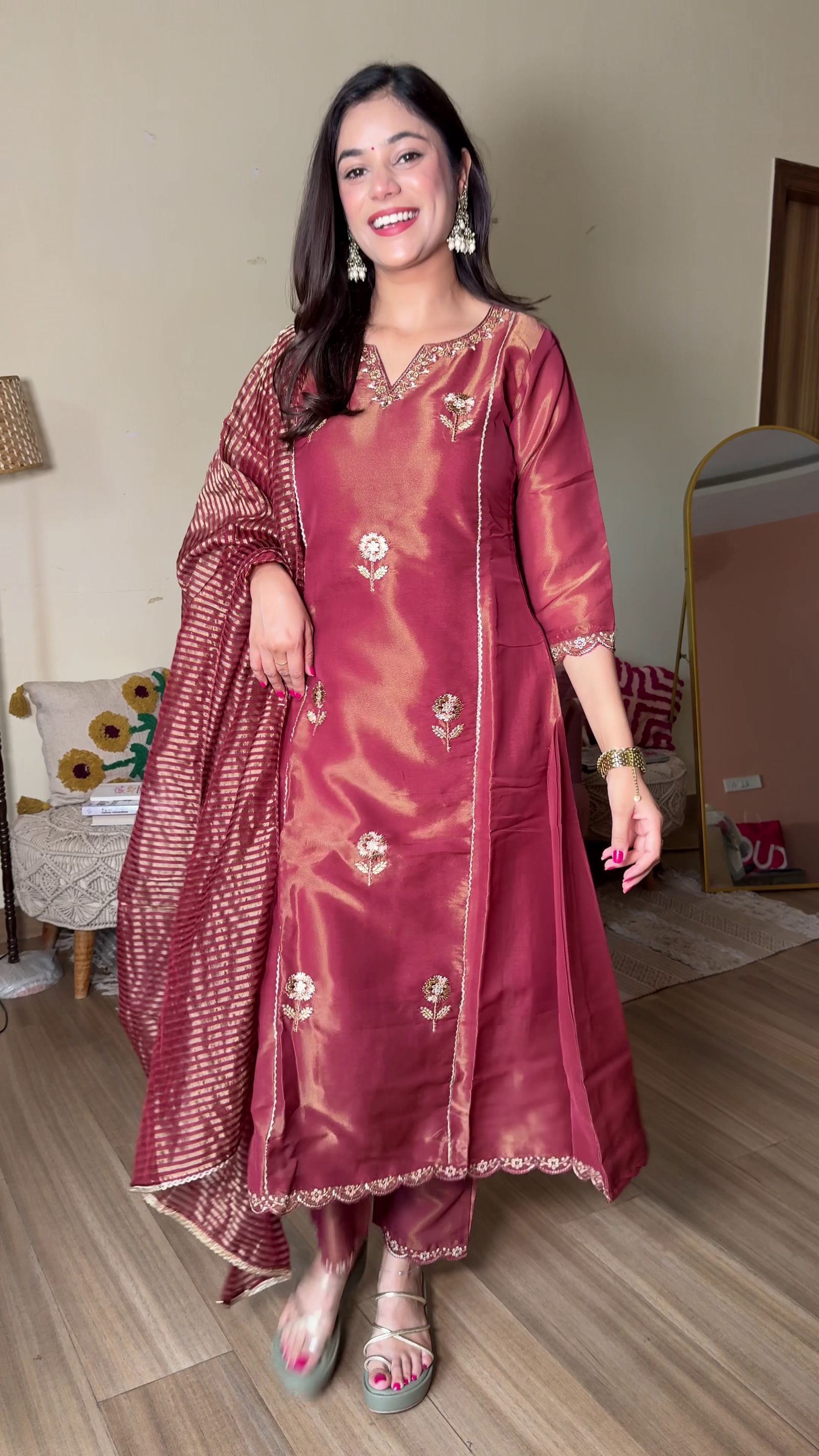 Silver Grey Festive Kurta Set with Pink Dupatta