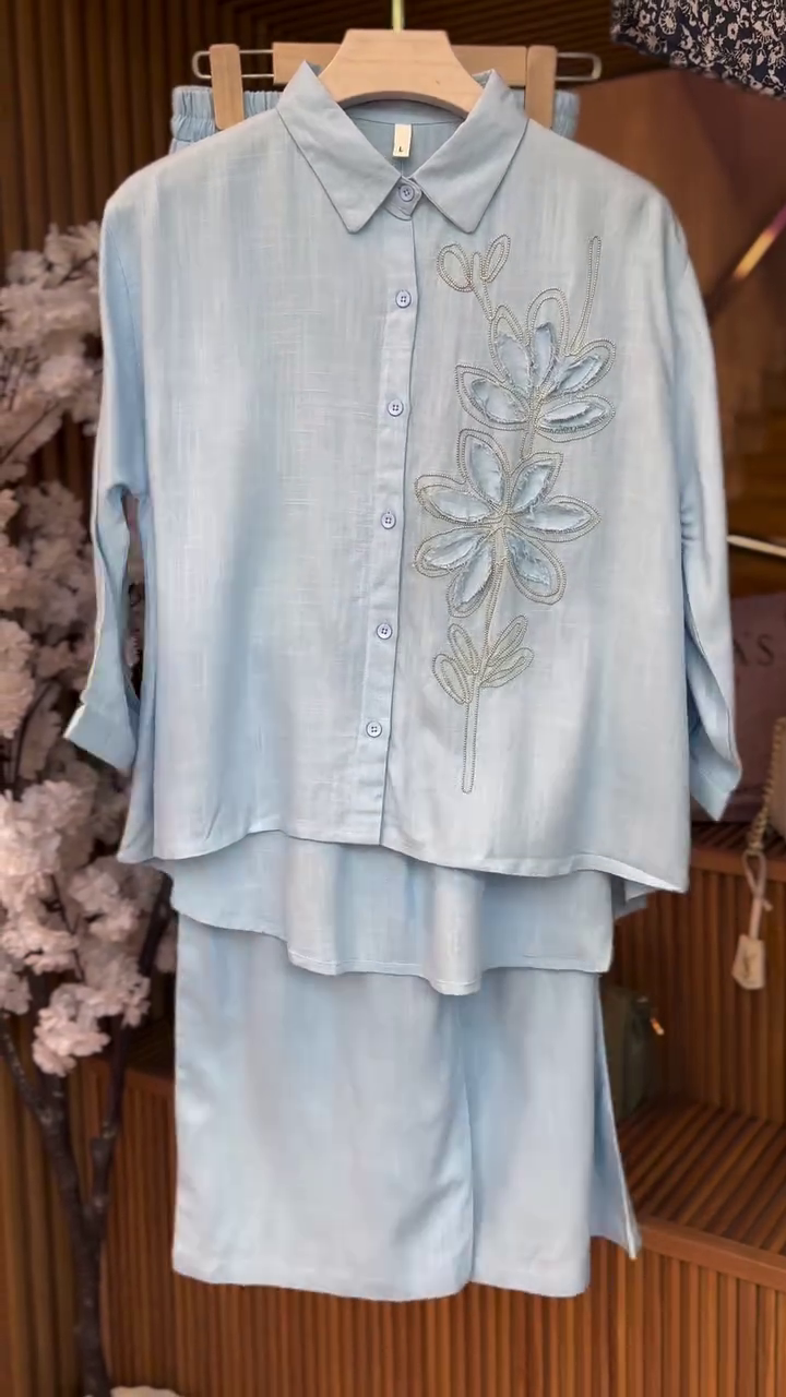 Sky Blue Embroidered Shirt with Shorts Set