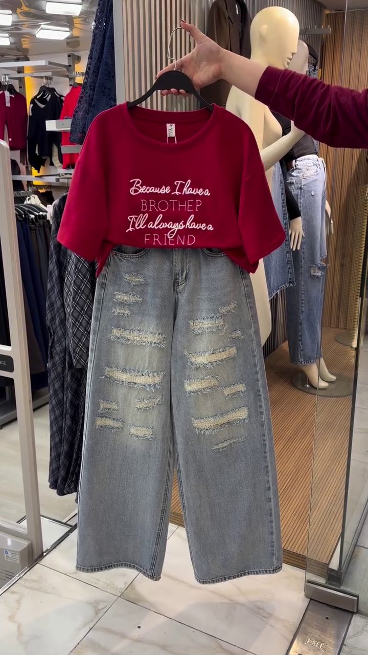 Distressed Wide-Leg Jeans Co-Ord Set