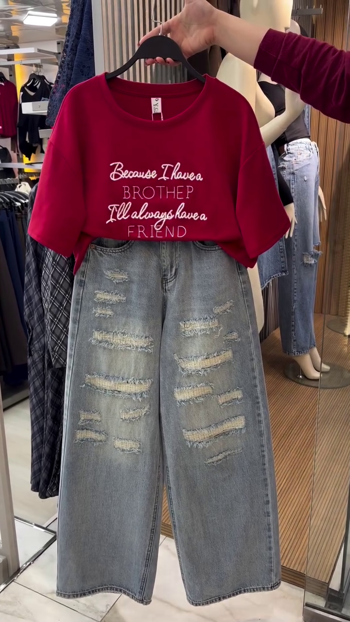 Distressed Wide-Leg Jeans Co-Ord Set