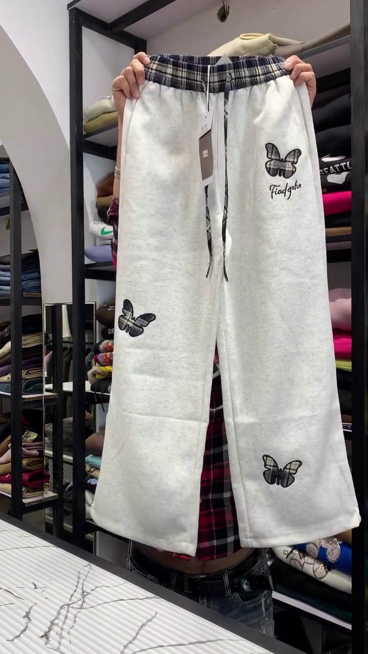 Grey Butterfly Print Wide-Leg Lounge Pants