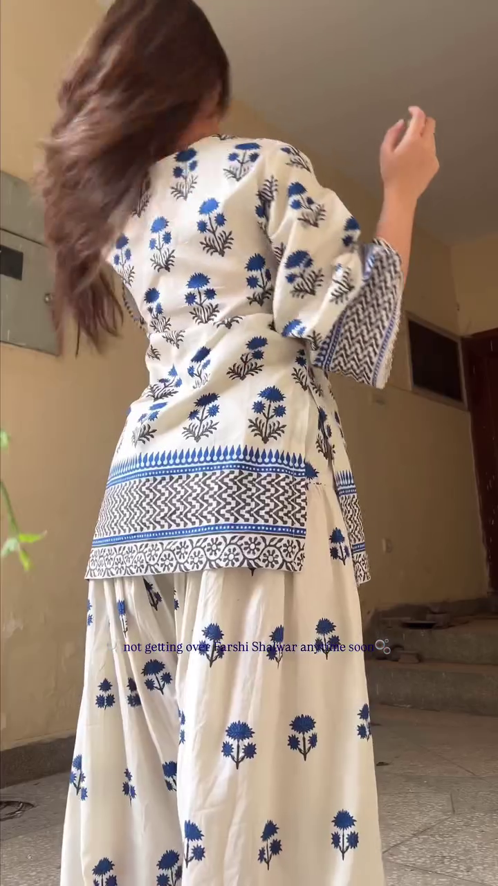 White & Blue Floral Printed Farshi Salwar Kurta Set