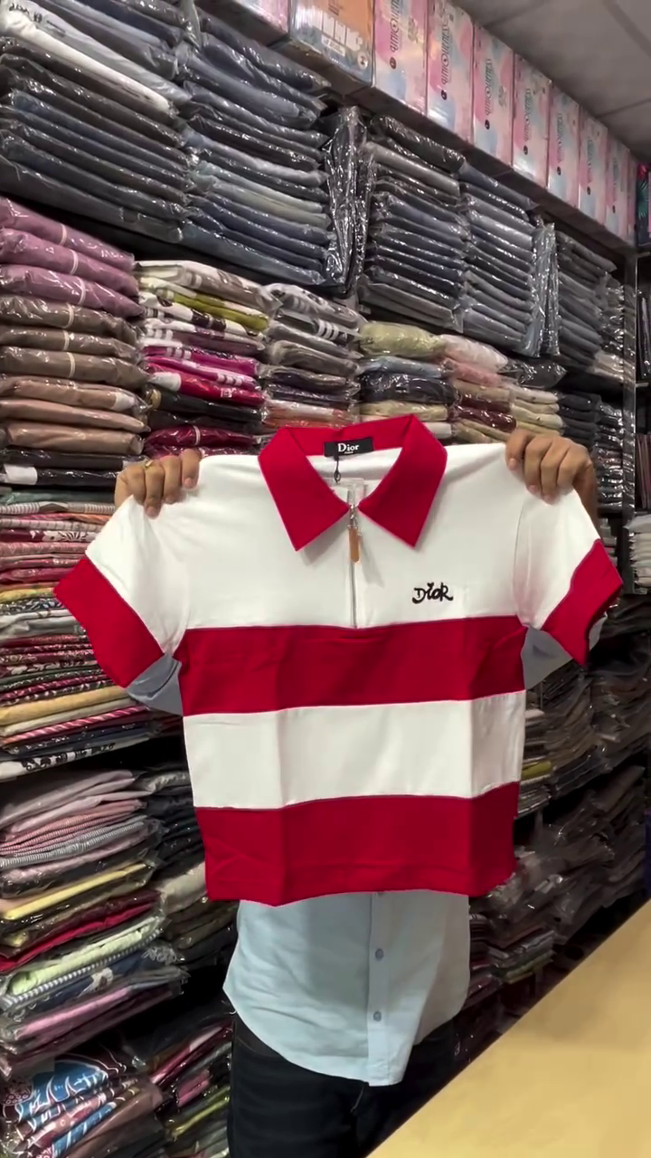 Pink & White Half Zip Striped Polo Crop T-Shirt