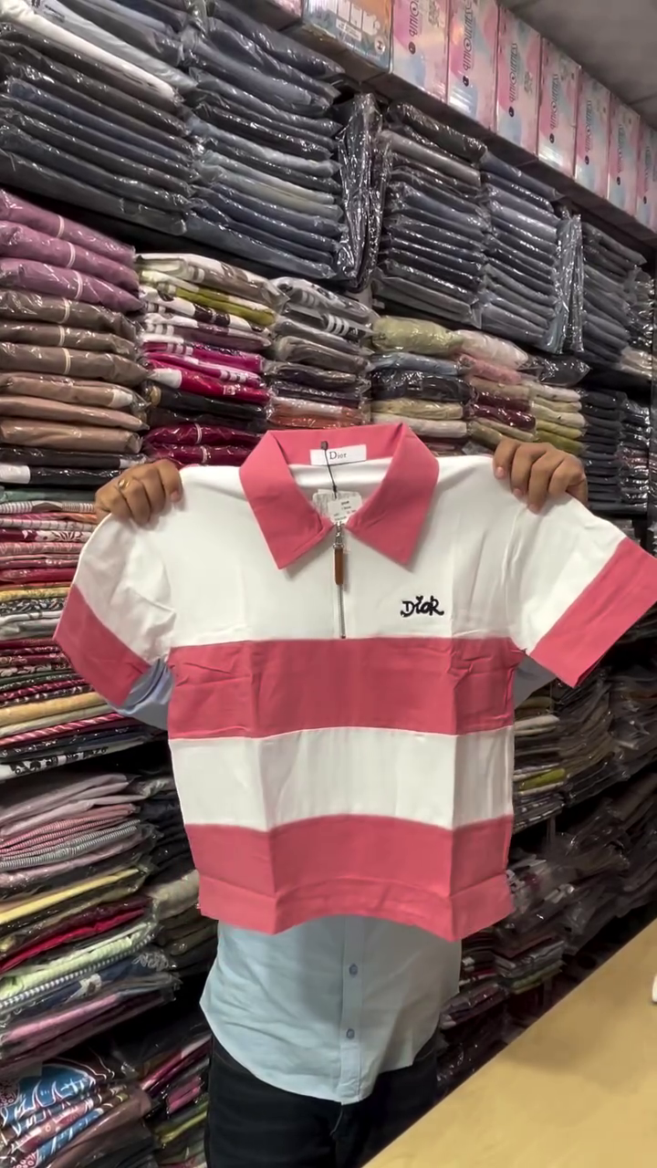Pink & White Half Zip Striped Polo Crop T-Shirt