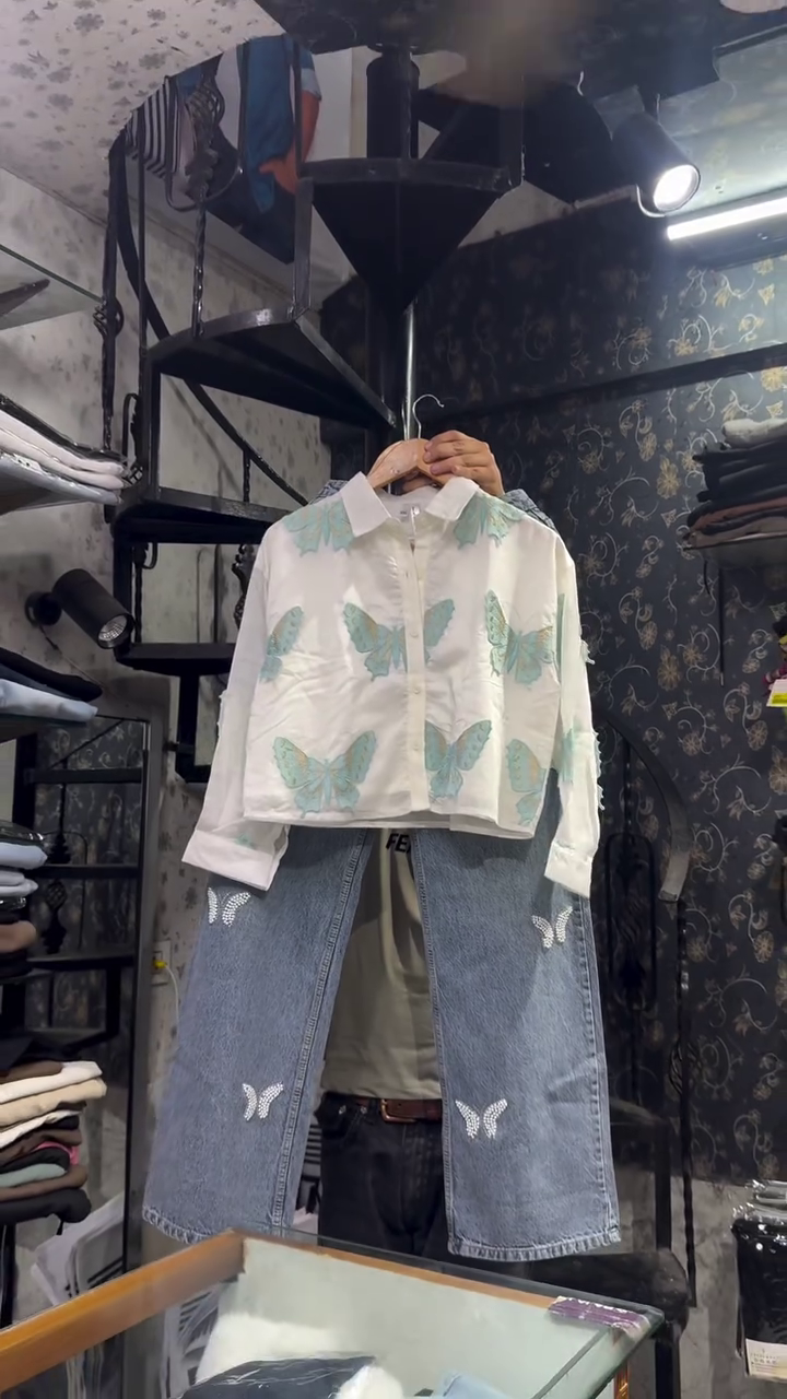 White Butterfly Print Cropped Shirt with Denim Jeans Set