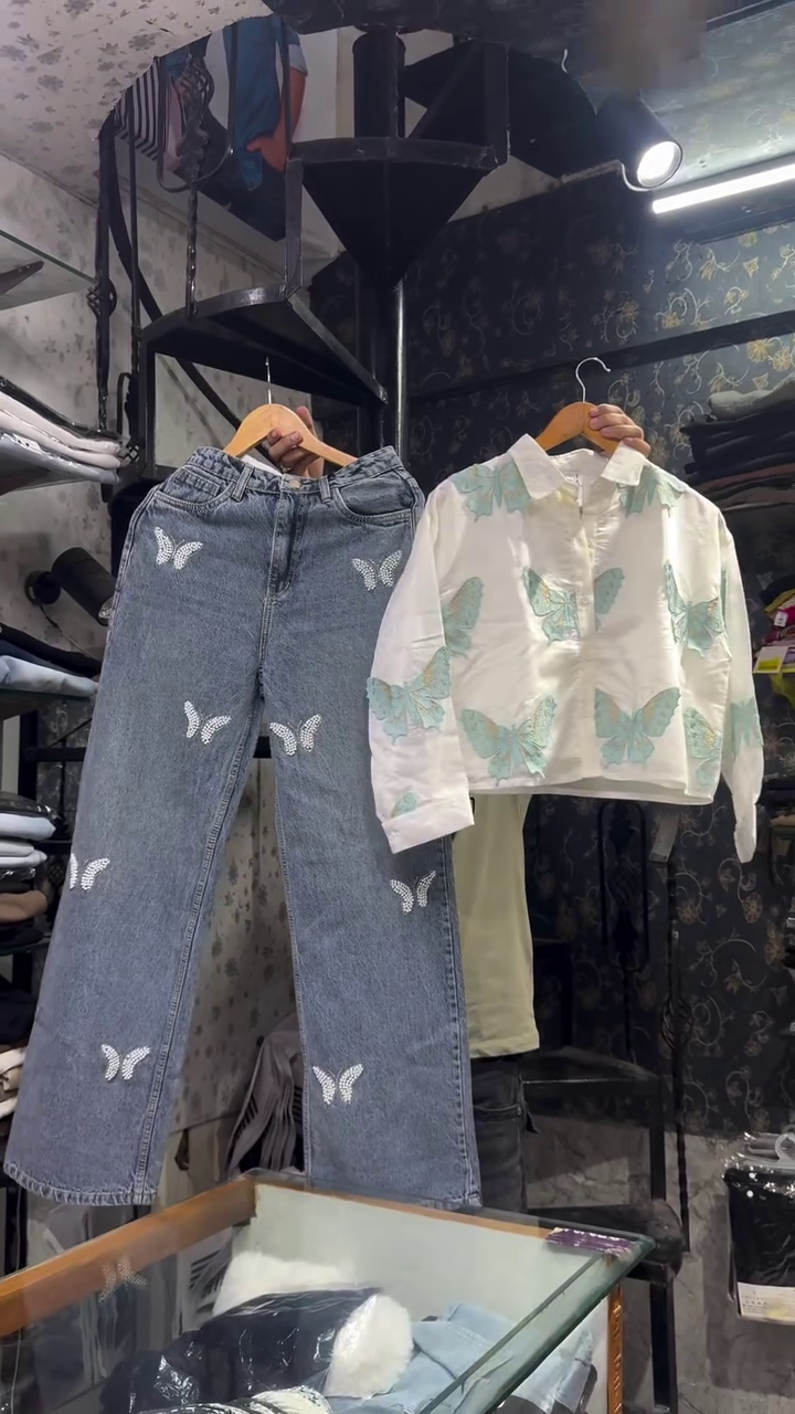 White Butterfly Print Cropped Shirt with Denim Jeans Set